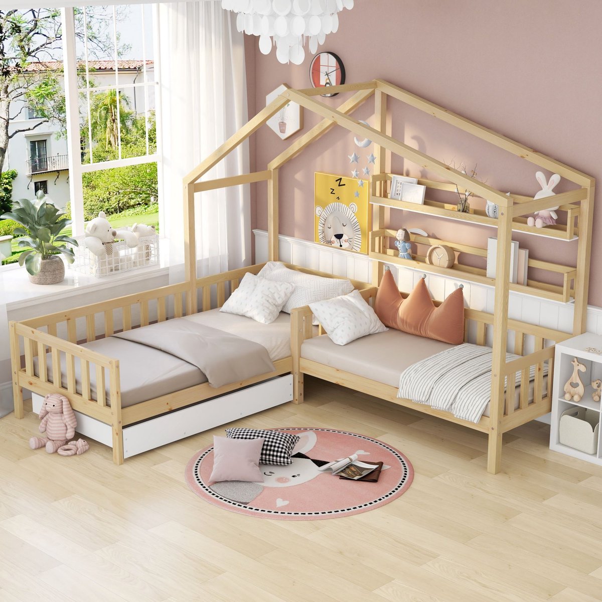 OKWISH Kinderbedden - 90x200 + 140x70 - Kinderbed Met Lade En Zijbescherming - Functioneel En Ruimtebesparend - Vurenhout - Natuurlijk