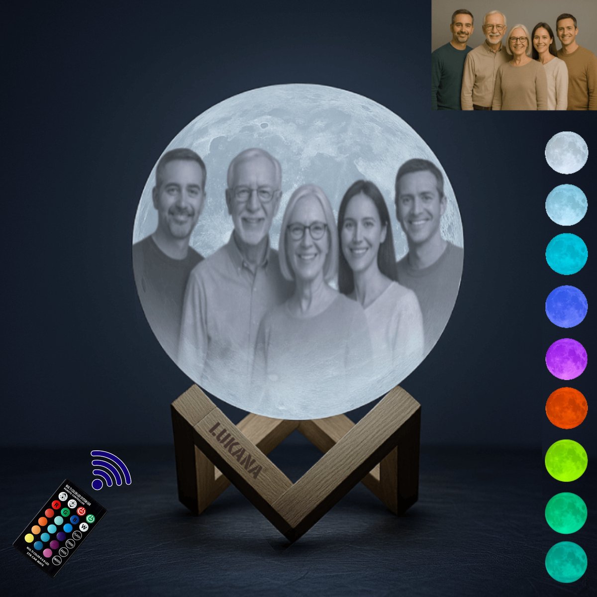 Eigen Foto Maanlamp 3D + Tekst - 18cm - 16 Kleuren met afstandsbediening - Inclusief houten standaard - Maanlamp - Gepersonaliseerde Cadeau - Rouw Geschenk - Aandenken - Moonlight - Moederdag - Vaderdag