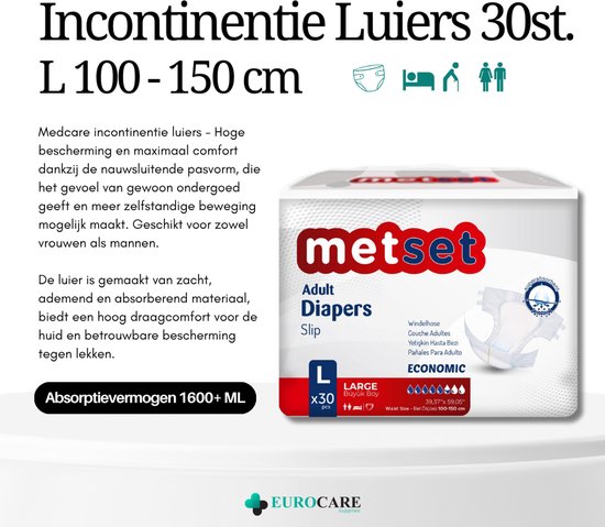 Incontinentieluiers maat L, 30 stuks, met 1600+ ml absorptievermogen. Geschikt voor dames en heren.
