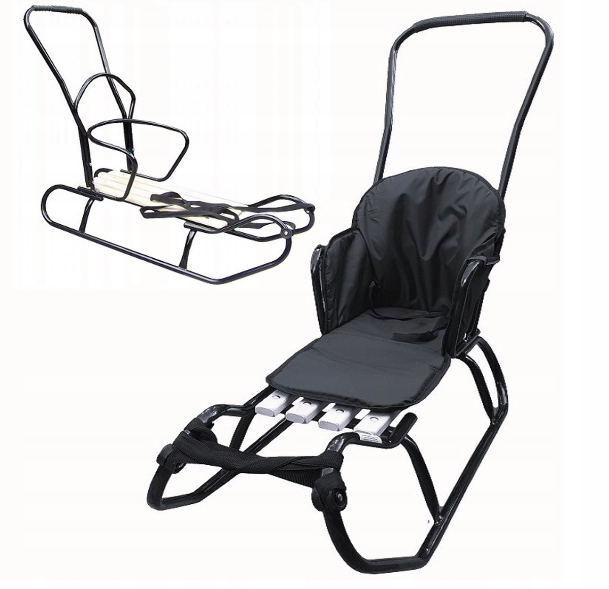 Stevige Metalen Slee met Rugleuning, Duwstang en Dik Matras - 105 cm