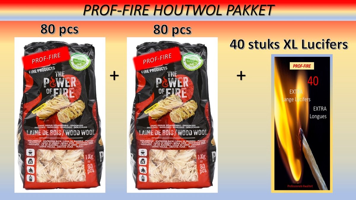 Prof-Fire | 2 Zakken Houtwol Krullen 160 stuks + 1 Doos Extra Lange Lucifers 40 stuks van 28 cm - CO2 Neutraal