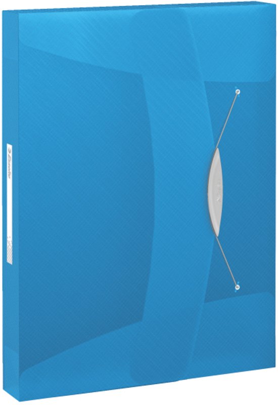Boîte élastique bleue Esselte avec une fermeture grise et un porte-étiquette blanc sur le côté.