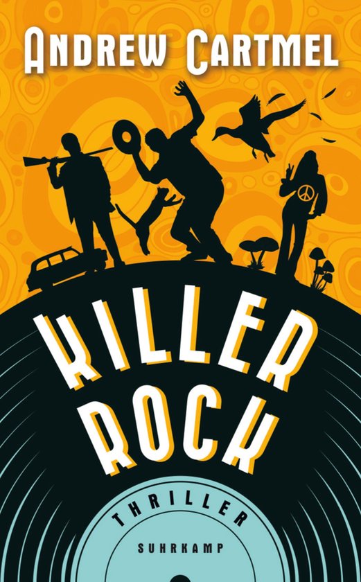 Boekomslag voor 'Killer Rock' van Andrew Cartmel, met silhouetten van mensen, een auto, dieren en paddenstoelen op een oranje achtergrond.