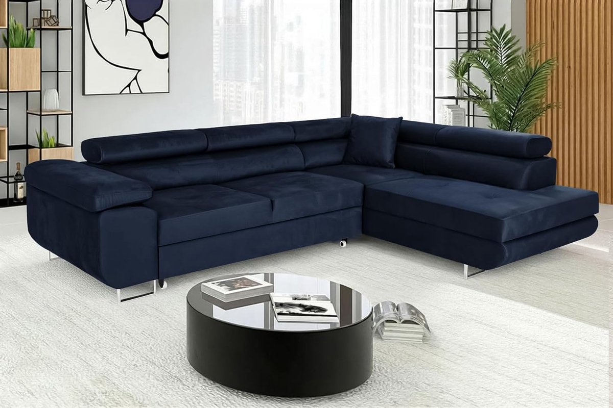 Hoekbank met slaapfunctie en opbergruimte – L-vorm 3-zits slaapbank met bedlade & verstelbare hoofdsteun – Luxe velours bank voor woonkamer (blauw, ottomane rechts) – Ganeey