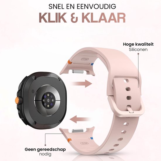 Roze siliconen smartwatchbandje met gesp. Pijlen tonen hoe het bandje aan de achterkant van een smartwatch wordt bevestigd. "SNEL EN EENVOUDIG KLIK & KLAAR"
