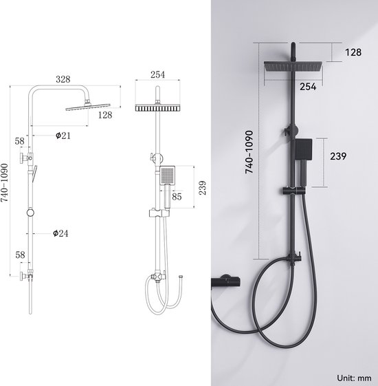 Schematische tekening van een zwart douchesysteem met afmetingen.