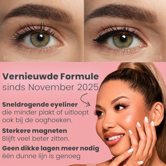 Een vrouw met groene ogen, met en zonder eyeliner. De eyeliner is nauwkeurig aangebracht.