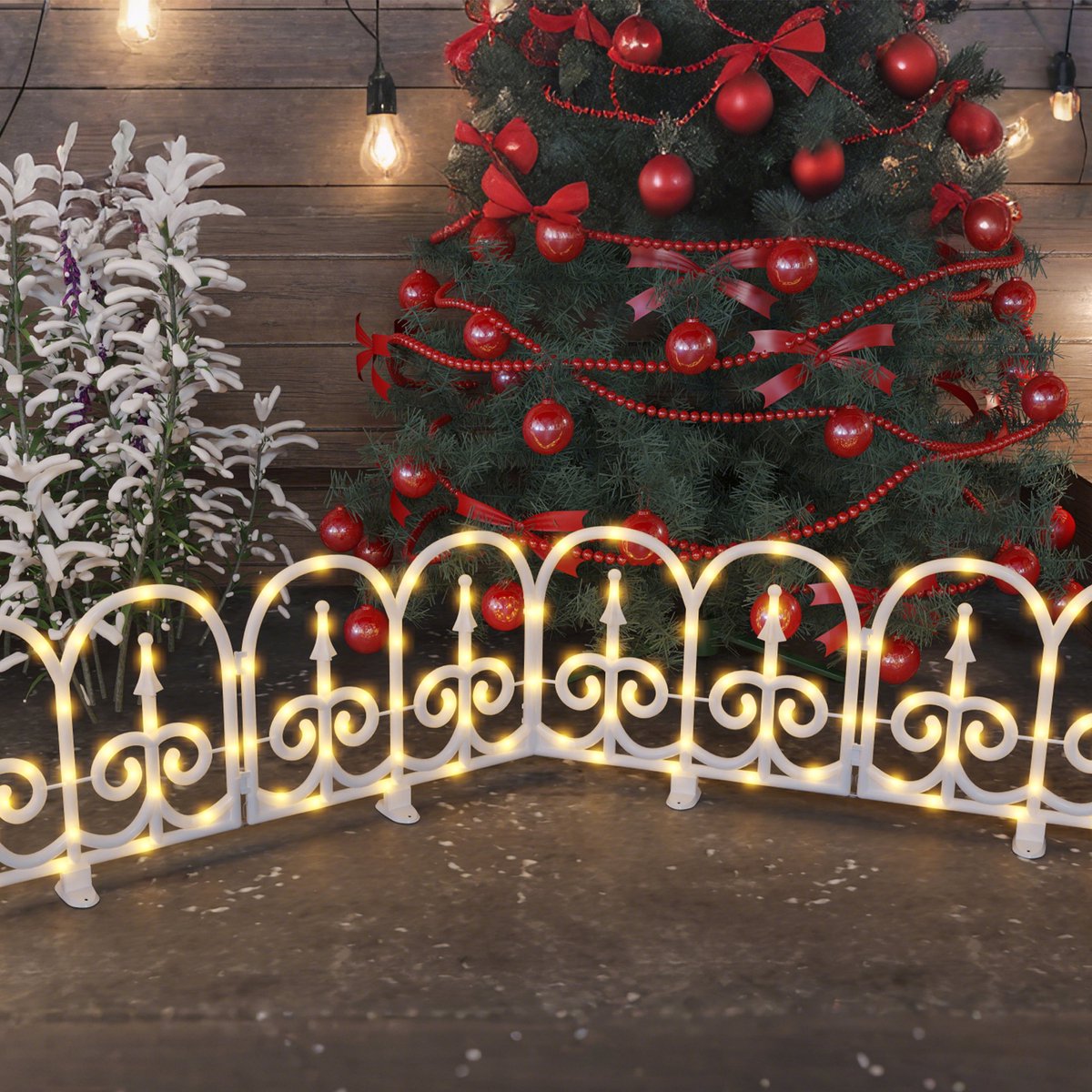 Gebogen LED-kerstboomhek, 3,75 m, 10 stuks, kunststof paaltjeshek, kerstboomhek, warm witte kerstdecoratielamp, 8 standen, IP44 waterdicht voor huisdieren, binnenbloem