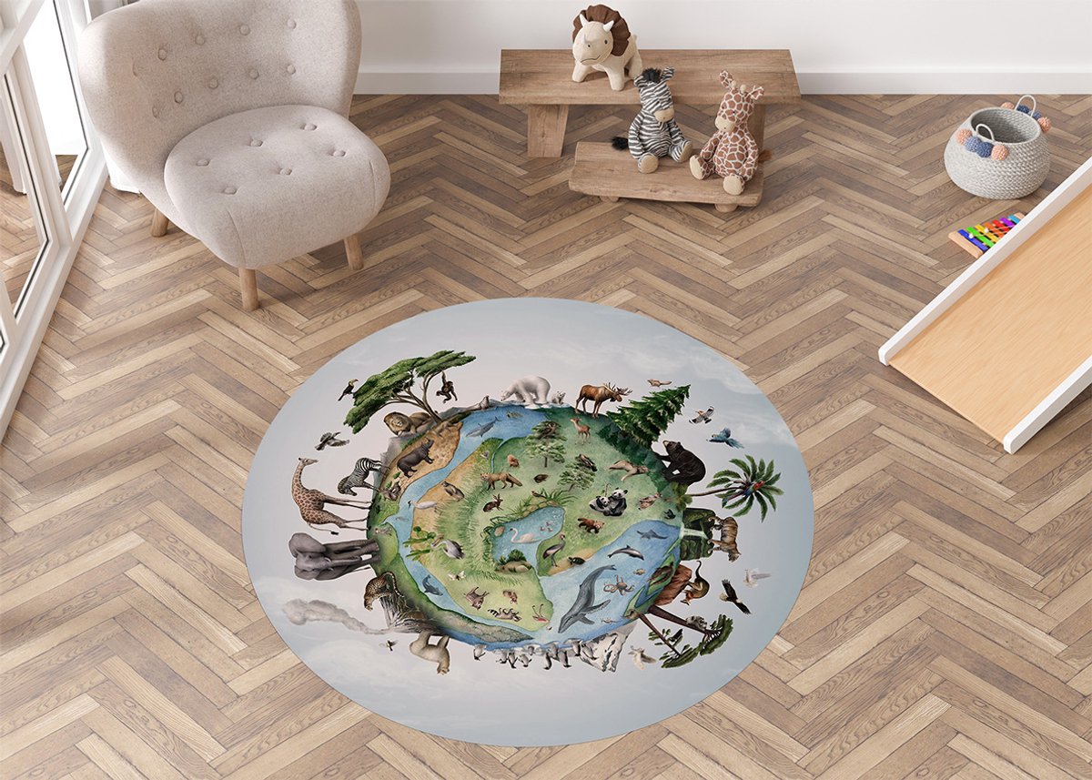 Rond Vinylzeil Animals of Earth Kikki Belle-kinderkamer-jungle-safari-giraf-olifant-zebra-beer-kinderkameraccessoires-vinyl kleed-rond-100cm