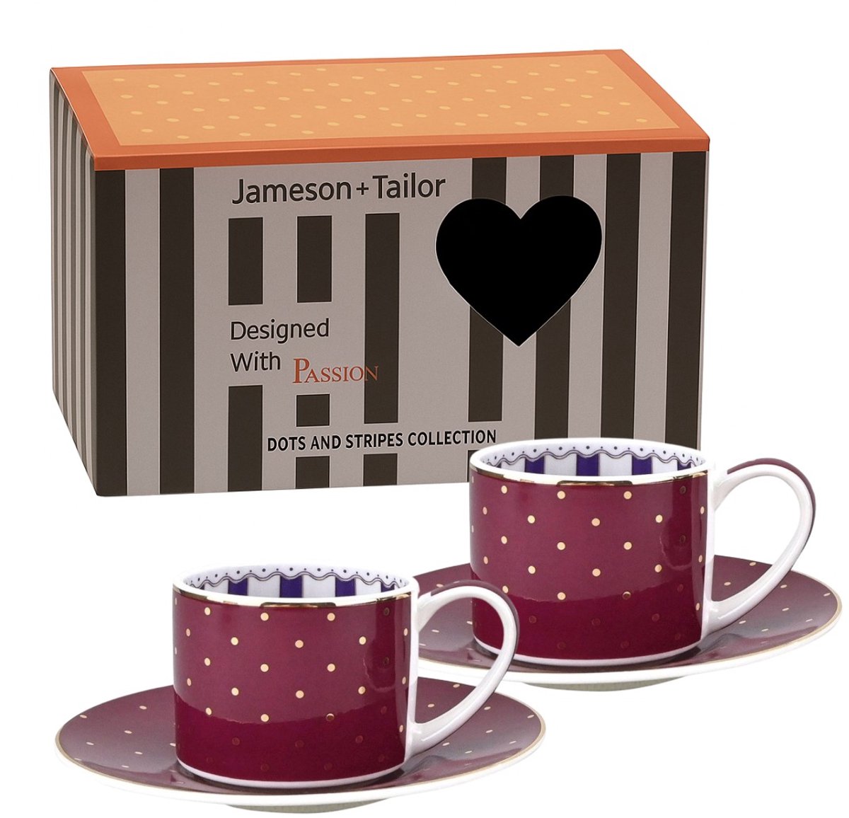 2x Stijlvol Koffie / Thee Kopjes met Schotel 90ml – Bordeaux met Gouden Stippen – Luxe Cadeau – Perfect voor Espresso & Cappuccino