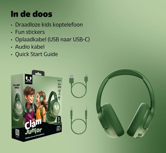 Inclusief groene koptelefoon, doos met kinderen, USB-C en audio kabel.