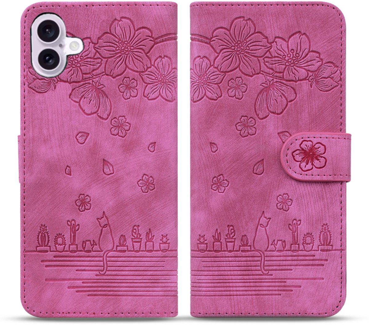 BookCover Hoes Etui geschikt voor Apple iPhone 17 - Roze - Bloemen Kat - Reliëf