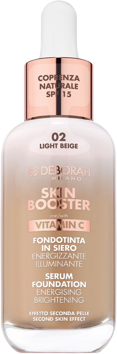 Deborah Milano Skin Booster Serum Foundation – Kleur 02 Light Beige – Ultralichte Vloeibare Foundation Met Vitamine C – Egaliseert Teint Voor Natuurlijke “Second Skin” Finish – Hydratatie & Stralende Huid - 30 ML