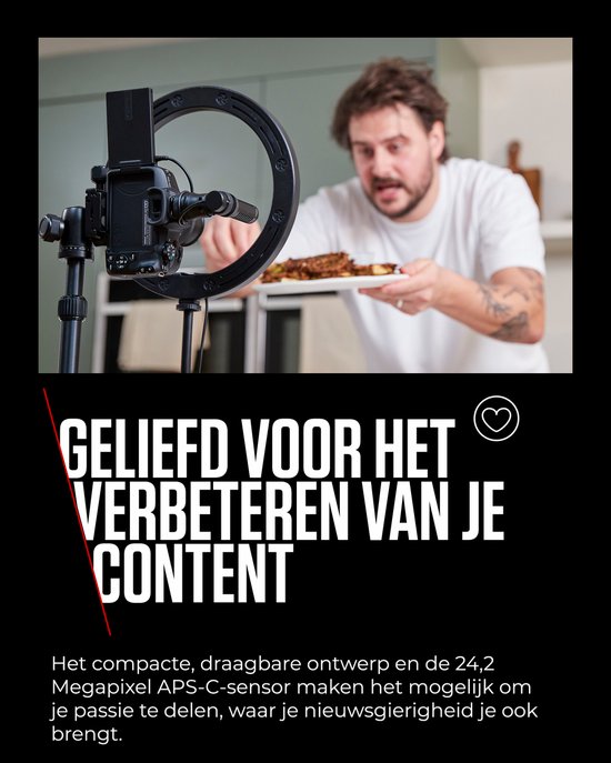 Man met een camera en ringlamp, die eten filmt. Tekst: "GELIEFD VOOR HET VERBETEREN VAN JE CONTENT".