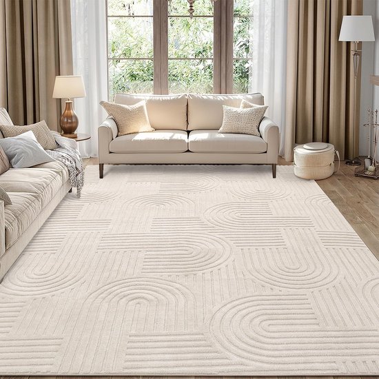 VIMODA Vloerkleed, laagpolig, woonkamer, ruiten, hoogdieppatroon, 3D-effect, slaapkamer, boho, kleur: taupe, afmetingen: 160x230 cm