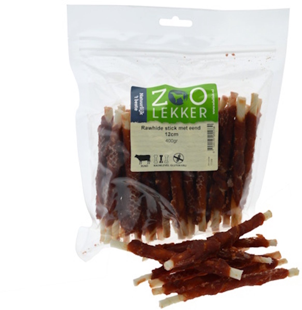 Zoolekker Rawhide stick met eend 12 cm - hondensnack van buffelhuid en eend, verpakkingen 100 g, 400 g en 1 kg 400 Gram
