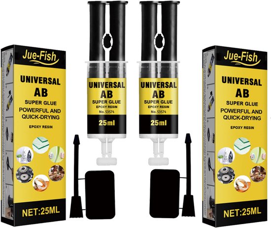 Twee verpakkingen en kokers van Jue-Fish Universal AB Super Lijm 25ml met spuiten en mengbakjes.