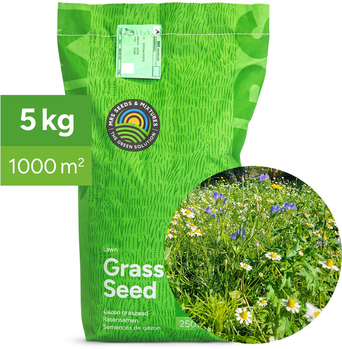 MRS Flower Field - Graszaad met bloemenmix - 5 kg voor 1.000 m² - 80% graszaad, 20% bloemen - met 29 laagblijvende bloemsoorten - Lokt bijen en vlinders - Kleurrijk bloemengazon