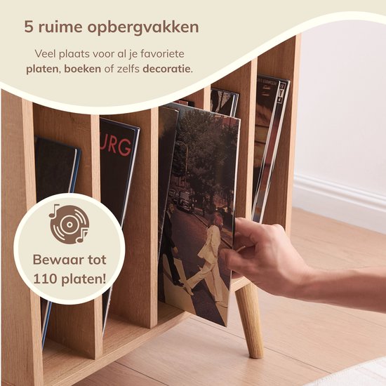 ACAZA LP Opbergsysteem - LP Houder - Lichte Eik - 56,5 x 39 x 66 cm (L x B x H) - Platenspeler Meubel - Vinyl Opbergsysteem - Platenrek - Platenkast - Platenhouder - 110 Platen — afbeelding 2