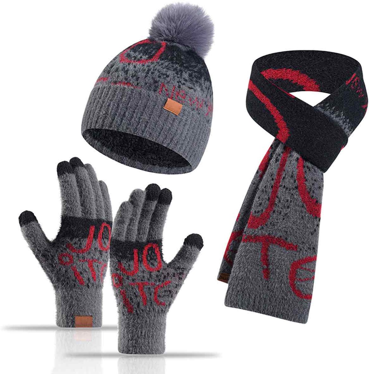 3-in-1 Winterset - Gebreide Muts met Pom - Lange Infinity Sjaal - Touchscreen Handschoenen - Winter - Dames en Heren - Buitenactiviteiten - Dagelijks Gebruik - Cadeau - Donkergrijs