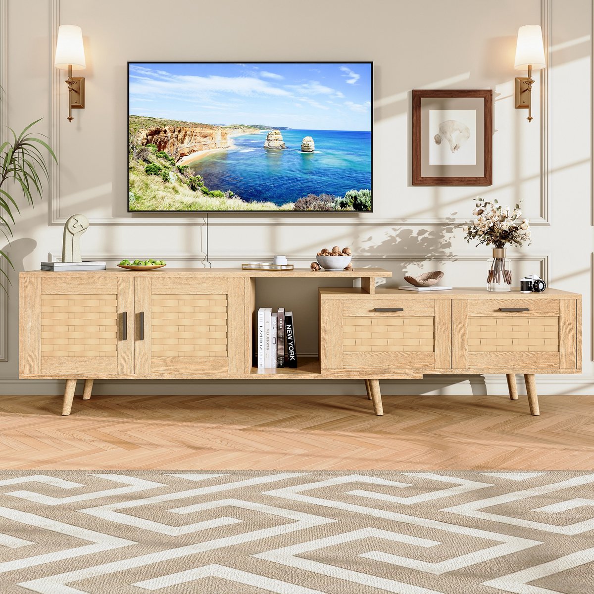 TV-kast met verstelbare lengte tot 169 cm voor 40-55 inch tv's, 2-delig ontwerp, multifunctionele tv-standaard met 2 deuren en 2 lades, houten poten, natuurlijke houtkleur