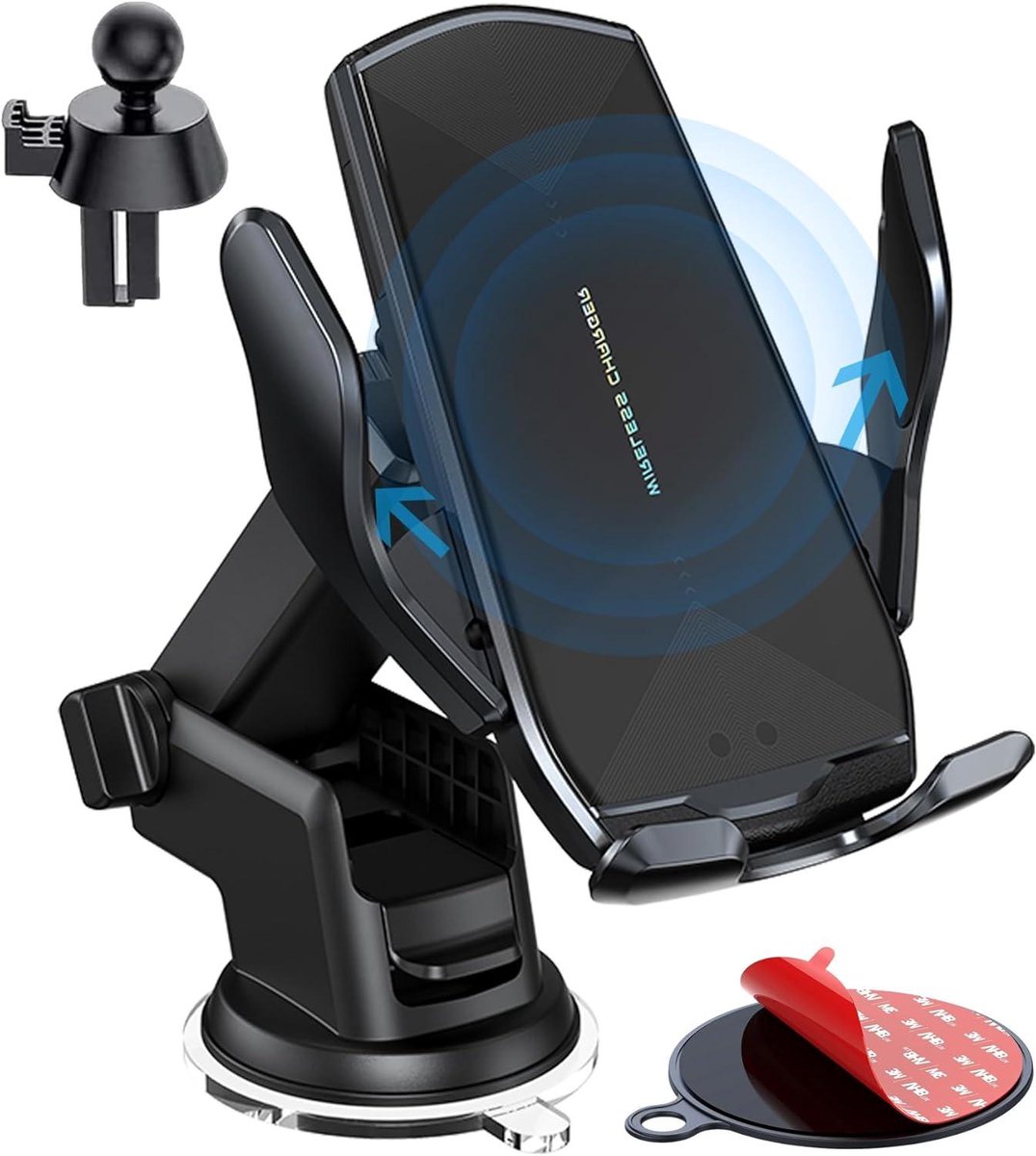 Provento - Draadloze autolader bevestiging voor mobiele telefoon - 15W Qi snel opladen - Auto telefoonhouder voor dashboard, voorruit en air vent - Lange arm zuignap.