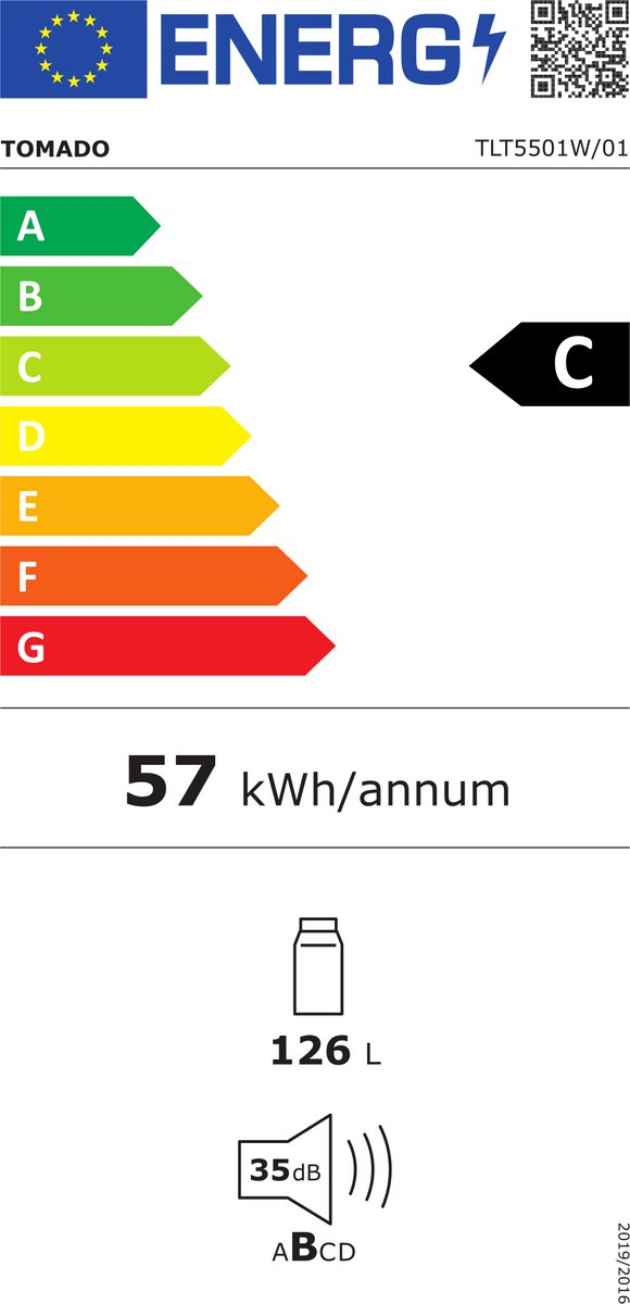 Tomado TLT5501W tafelmodel koelkast energiezuinig - 126 liter - Zonder vriesvak - 55 cm breed - Zeer stil: 35 dB - Led-verlichting - Energielabel C - Vrijstaand - Wit — afbeelding 2