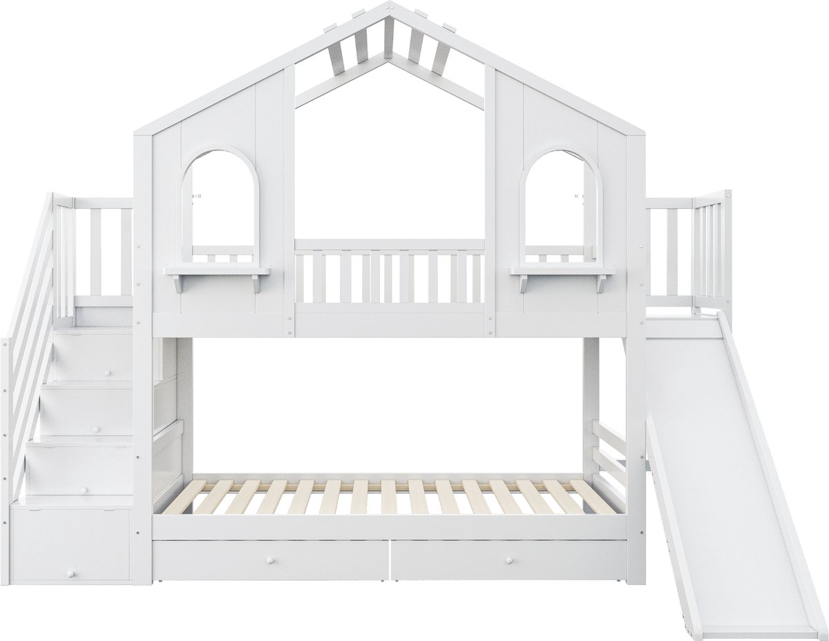 Kinderstapelbed 90 x 200 cm, huisvormig met gebogen ramen, met opbergladder en glijbaan, laden, tweepersoonsbed, wit