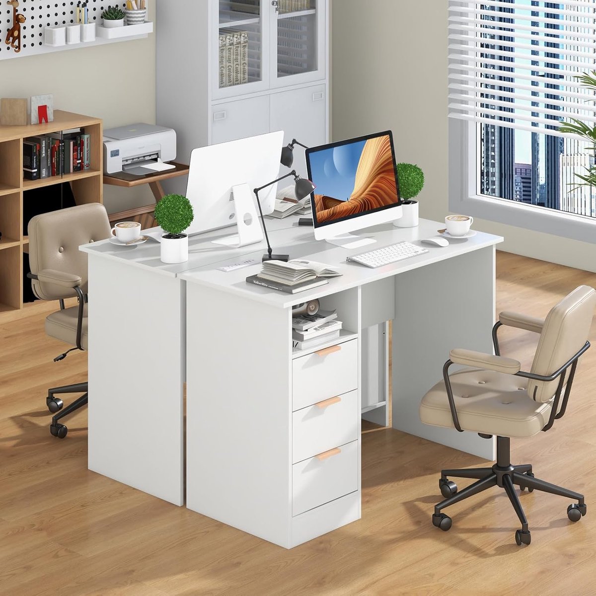 COSTWAY Bureau met 3 laden en laadstation, kleine computertafel, kinderbureau, moderne bureautafel, pc-tafel voor slaapkamer, werkkamer, kantoor, wit, 108 x 48 x 76 cm thumbnail 5
