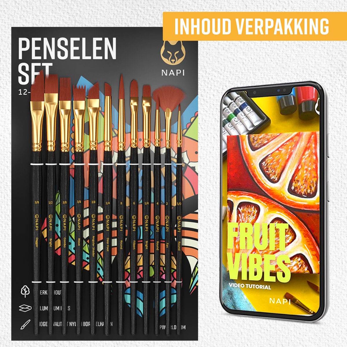 Napi Penselen Set 12 Stuks - Kwasten voor Aquarel, Olieverf, Acrylverf, Waterverf, Schmink - Geschikt voor Schilderen, Modelbouw en Gouache — afbeelding 4