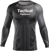 Zwart compressieshirt met lange mouwen van Tactical Fightwear, met hexagon- en lijnpatroon op de voorkant.