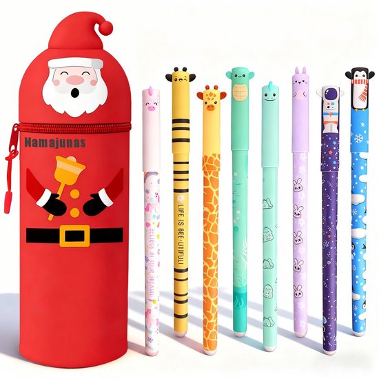 Namajunas - Uitwisbare pennen 8 kleuren - Gelpennen met Kerstman siliconen etui - Teleskopische Kerstman Pennenzak - 0,6 mm Cartoon Patroon Dierenpen voor Schoolspullen van Kinderen of Kantoorbenodigdheden voor Volwassenen - Cadeauset - Balpennen