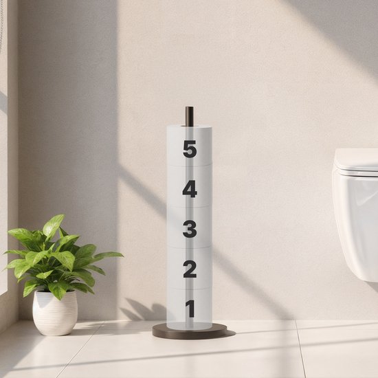 Zwarte toiletrolhouder met 5 genummerde rollen, naast een toilet.