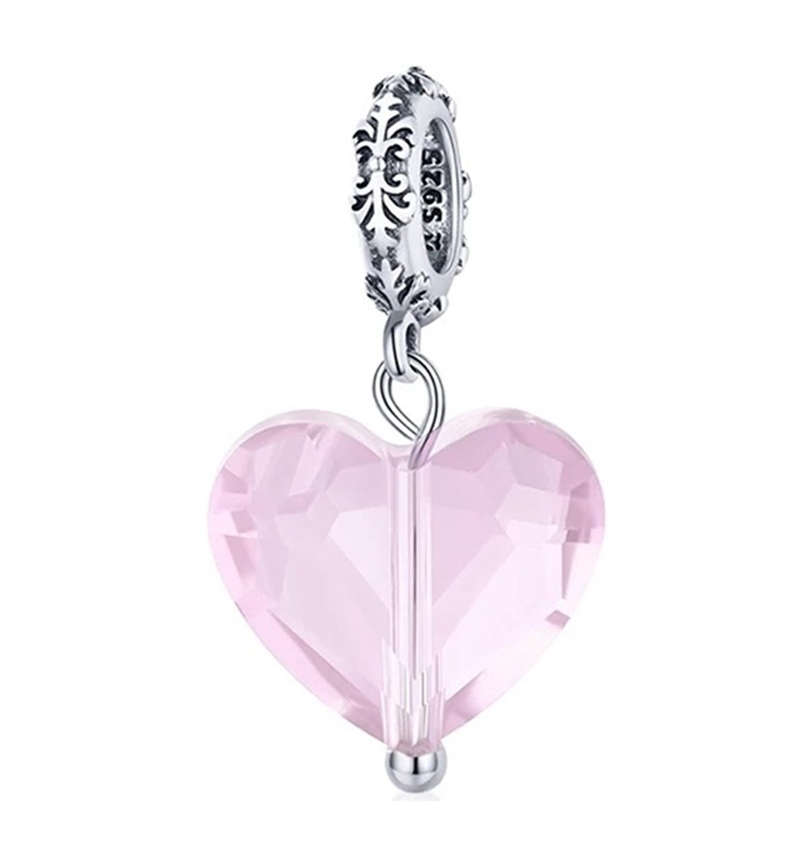 Roze Hart Bedel - Romystones - 925 Sterling Zilver - Glazen Hanger - Voor je Bedelarmband