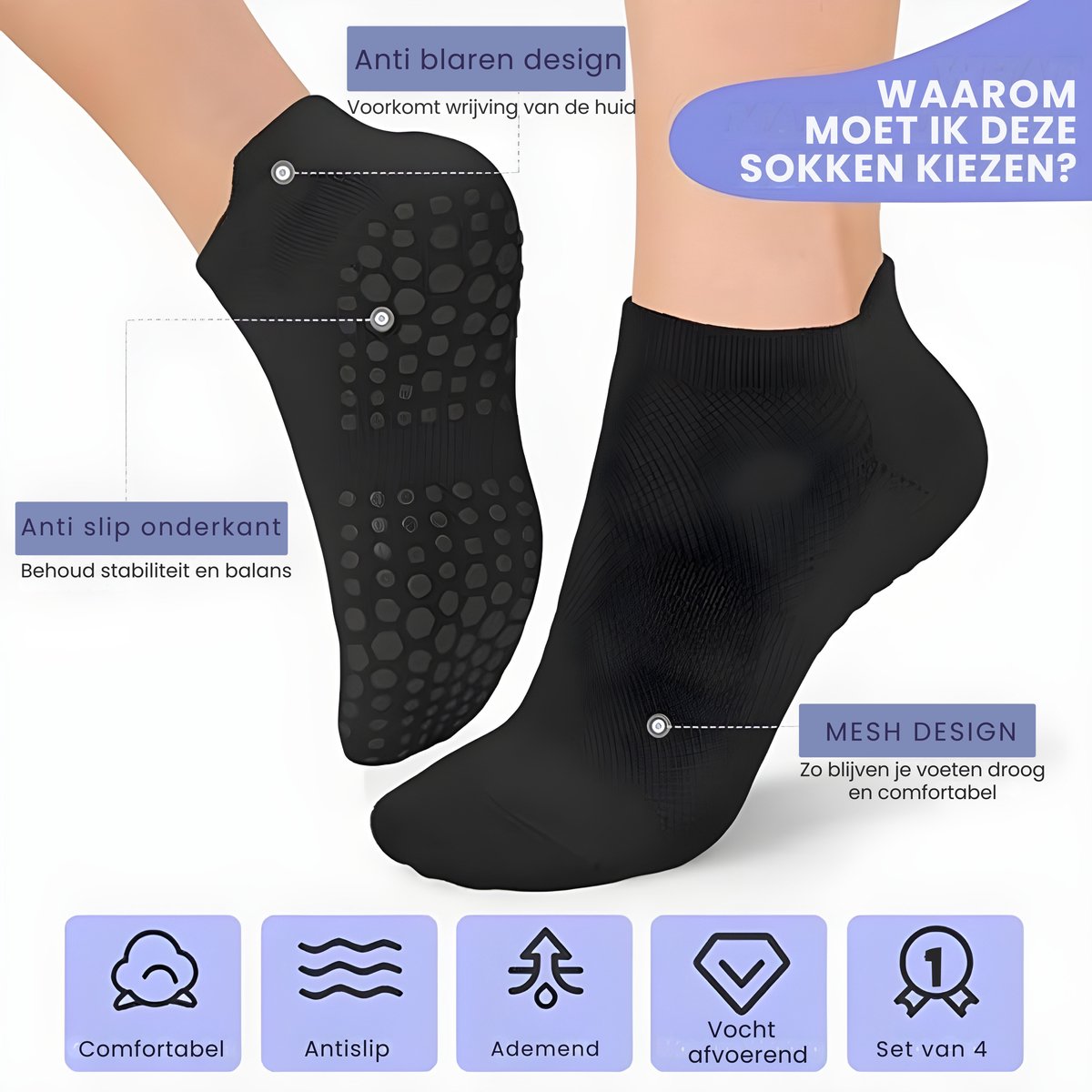 Pilates Sokken Antislip Dames - Yoga Sokken - Gripsokken voor Yoga / Pilates / Ballet - One Size - Set van 4 - Zwart, Grijs, Roze, Wit — cadeau in Sport & Outdoor - foto 6