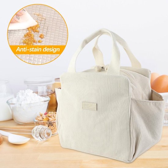 Lunchtas voor Dames - 12L Koeltas - Ribfluweel - Met Zijvakken Grote Capaciteit - Voor Paraplu Waterbeker Tafelservies En Mobiele Telefoon - Geschikt Voor Picknick Werk En School - Beige Kleur - Vershouddoos - Meal Prep Snackbox - Dagelijks Gebruik van Lalune Beach. — afbeelding 5