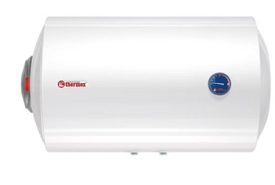 Witte Thermex boiler met aan de linkerzijde een rode thermostaatknop en een blauwe temperatuurmeter.