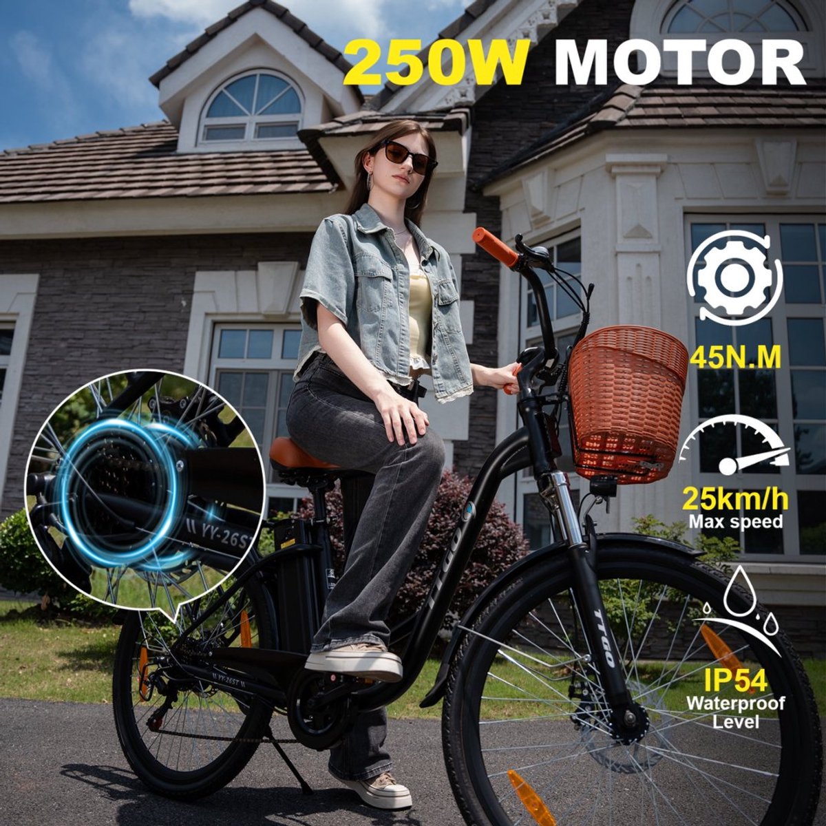 TTGO YY-26ST Elektrische Fiets - 250W Motor - 36V14.5Ah Accu - 26x1.75" Banden - Max Snelheid 25km/u - Max Bereik 60-75km - Shimano 6 Versnellingen - Zwart thumbnail 4
