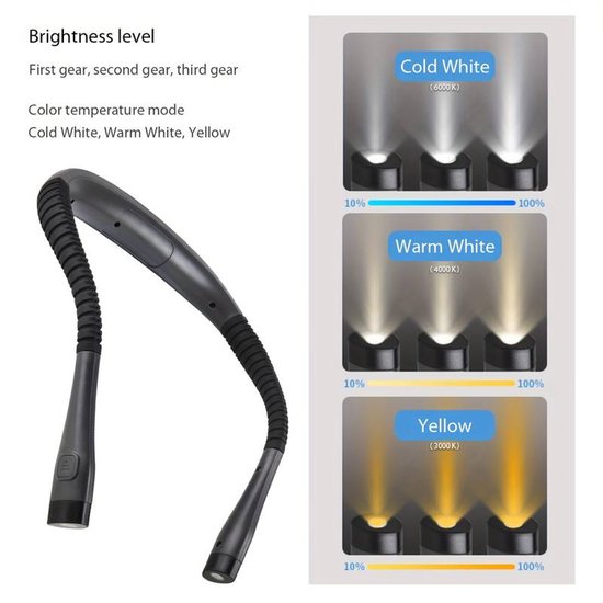 Oplaadbare neklamp - Flexibele LED-leeslamp, verstelbare handsfree leeslamp, dimbare lamp met 3 kleuren, geschikt voor lezen, handwerken, naaien en knutselen - Zwart van Merkloos — afbeelding 5