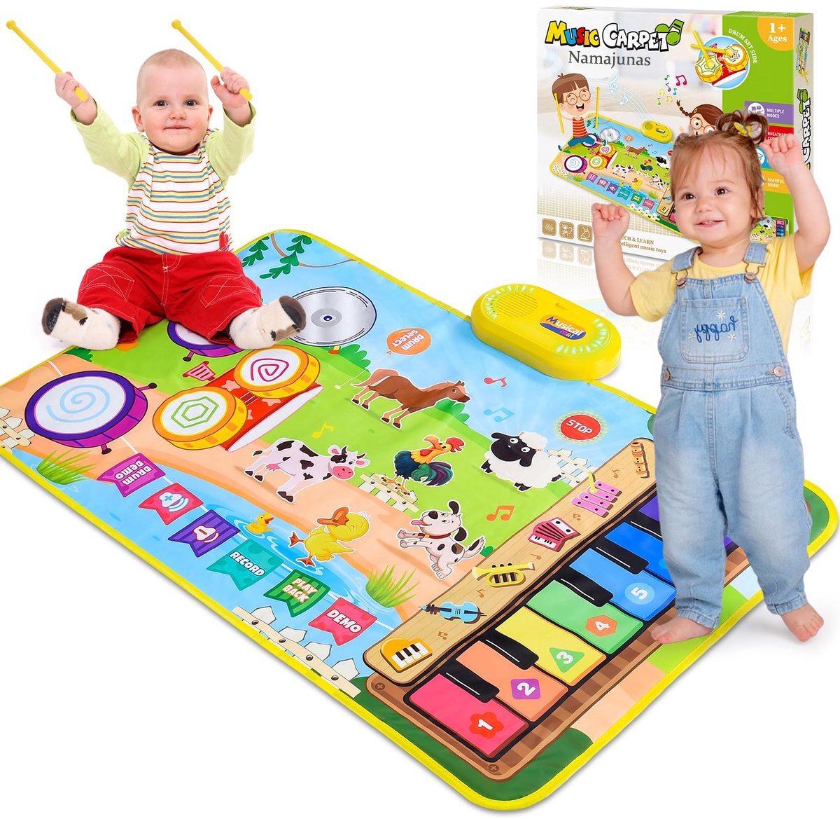 Namajunas - 3 in 1 Muziekmat - Kinderspeelgoed 3 4 5 Jaar - Dansmat - Pianomat - boerderijdier touch speelkleed - Pianoklavier & Drumset met 2 Drumstokken - Cadeau Vroeg Educatief Muzikaal Leerspeelgoed - meisjes en jongens - Babyspeelgoed