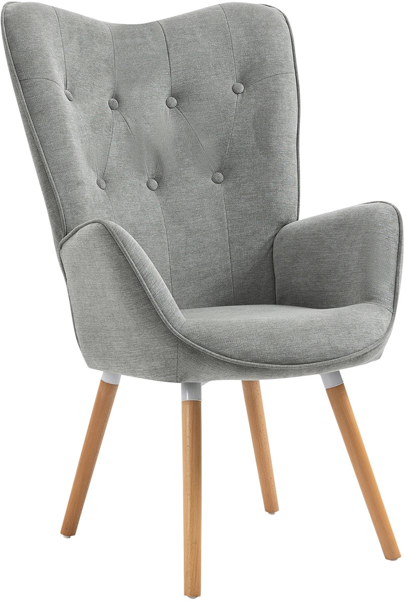 MEUBLES COSY KAS fauteuil scandinave – hoog rug, grijze stof, comfortabele zit, massief beukenhouten poten