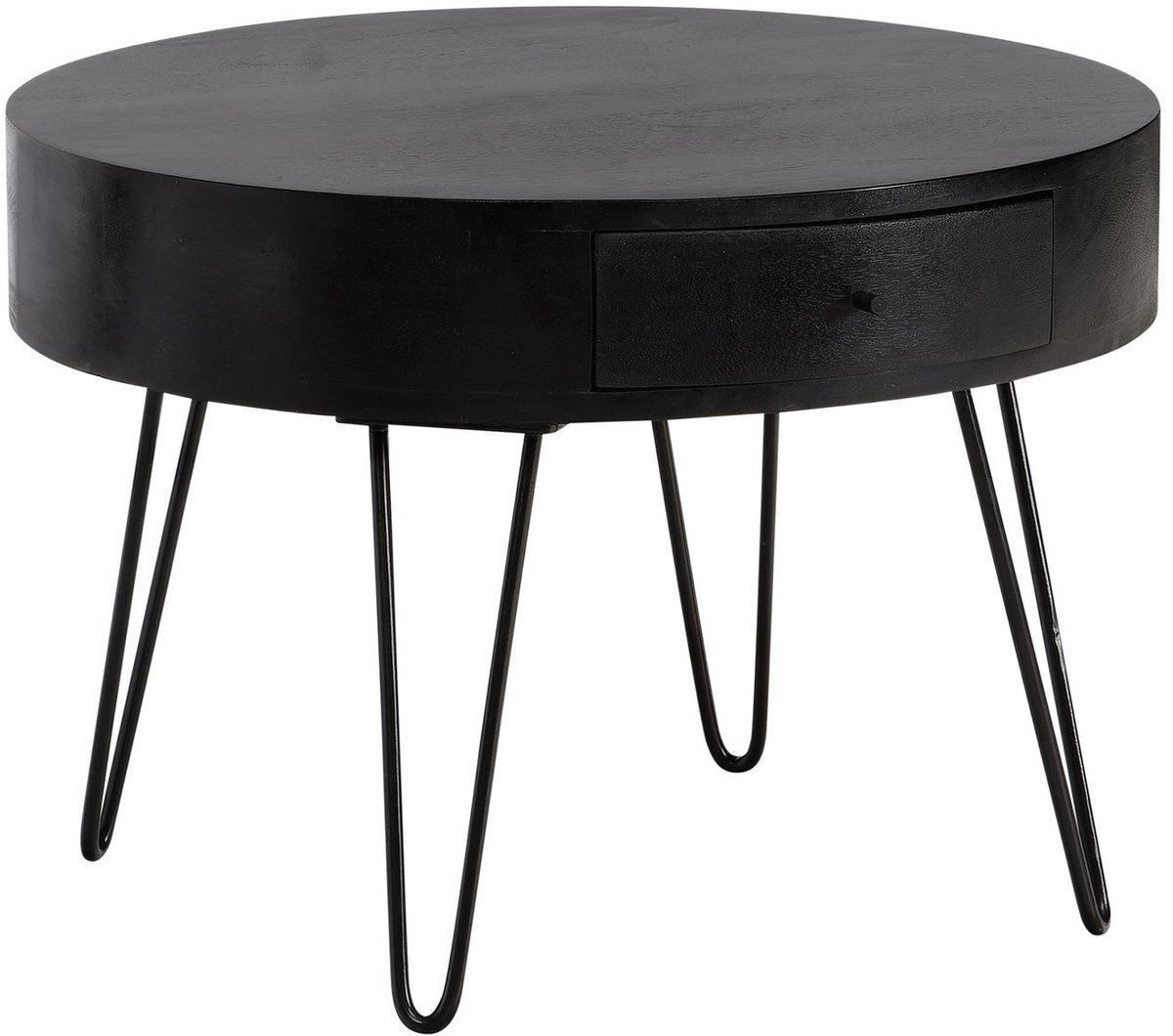 salontafel 60x60x43 cm mango massief hout metalen salontafel, design woonkamertafel rond met lade, salontafel opbergruimte massief, kleine tafel woonkamer haarspeldpoten