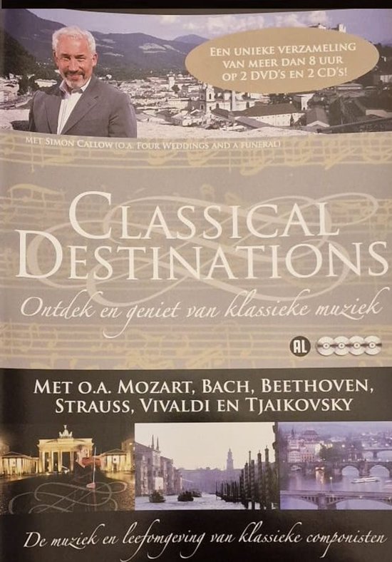 Voor- en achterkant van de 'Classical Destinations' boxset, met een foto van Simon Callow en beelden van klassieke locaties.