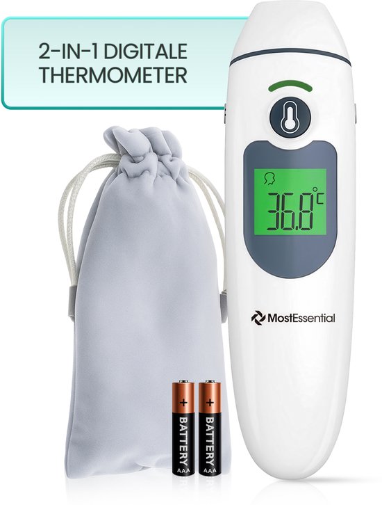 MostEssential 2-in-1 Digitale Koortsthermometer - Oorthermometer – Thermometer Voorhoofd & Lichaam - Koortsthermometer voor Volwassenen, Kinderen en Baby's - Contactloos - IR30