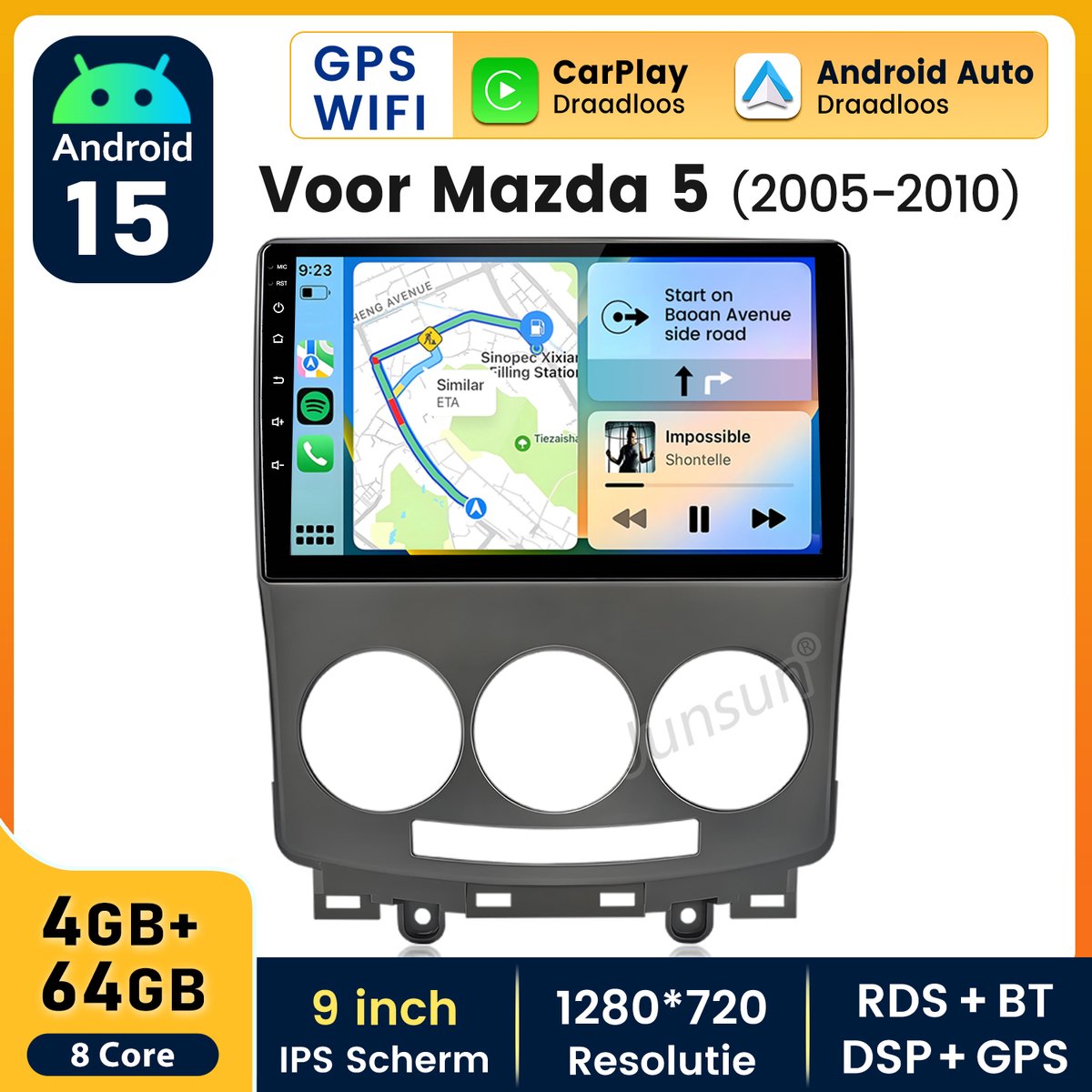 Hexinex Octa-Core autoradio Geschikt voor Mazda 5 (2005-2010) - Draadloos CarPlay, Android Auto, Android 15, multimediaspeler, 4GB+64GB