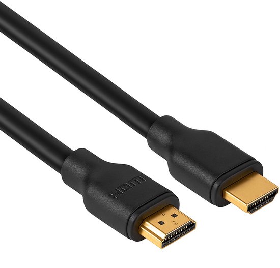 Een zwarte HDMI-kabel met gouden connectoren en zwarte behuizing, schuin op een witte achtergrond.
