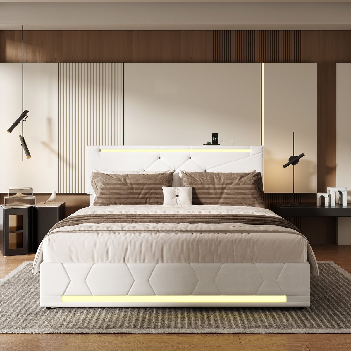 SHOPENTRA Opbergbed 140x200 cm Beige met Gaslift en LED-verlichting - afbeelding 3