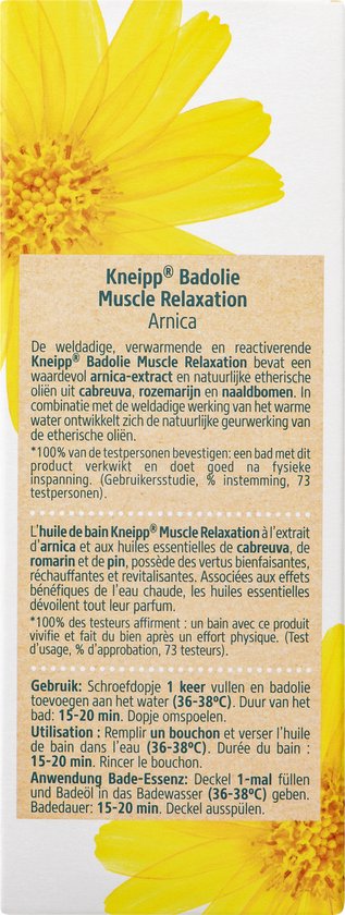 Kneipp Badolie spierontspanning met arnica. Tekst in het Nederlands en Frans over weldadig, verwarmend en reactiverend.