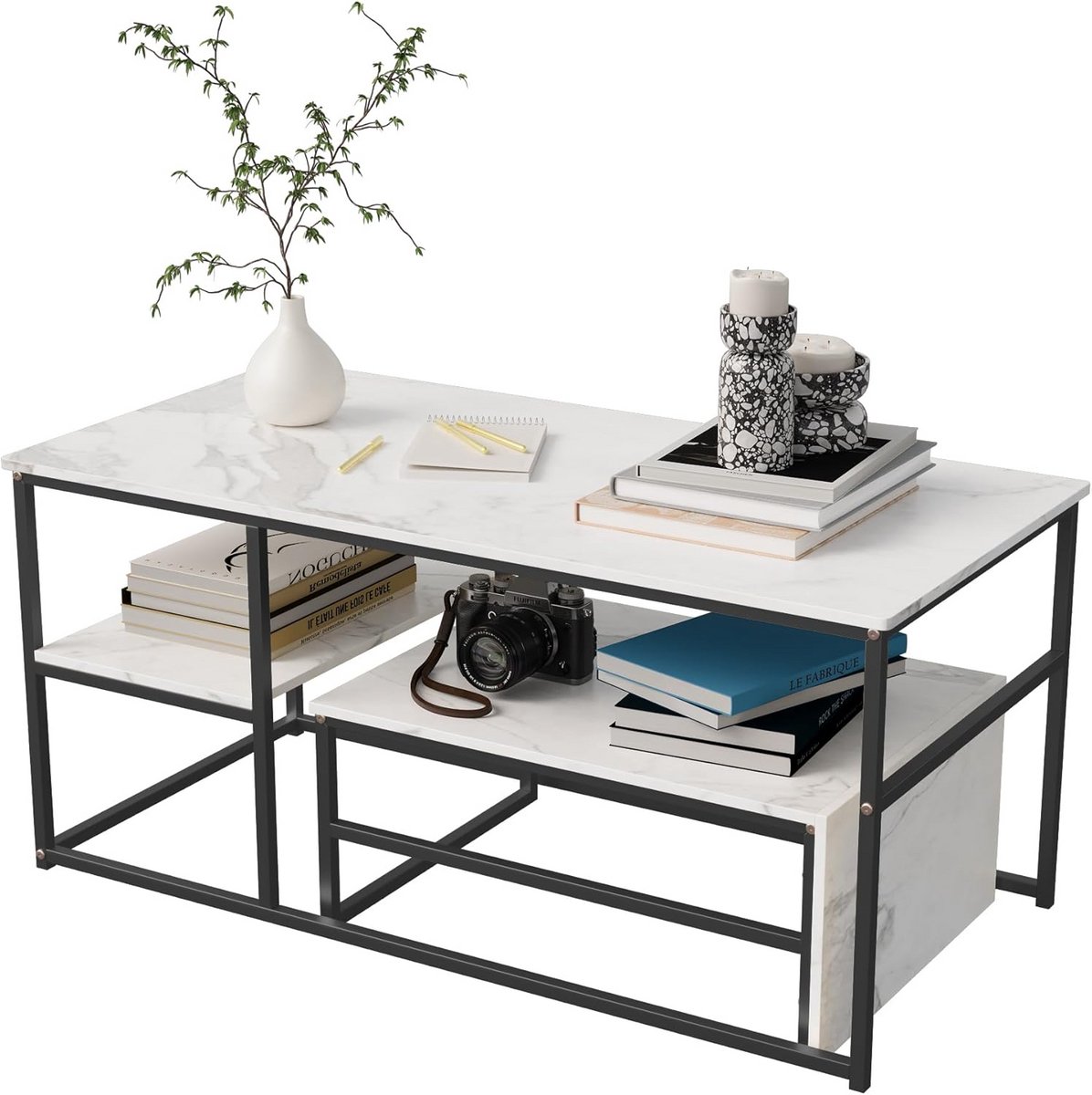 Set van 2 Salontafels Woonkamer - Modern Design Bijzettafels Nestbaar Zwart & Wit