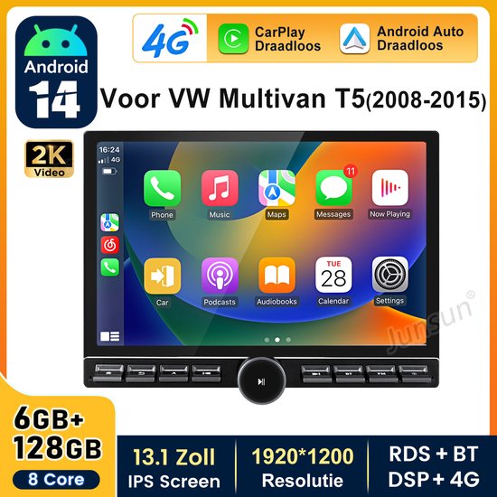 Autoradio Android 2 Din Pour Volkswagen T5 Multivan/Transporter - Écran Tactile 9", CarPlay, GPS, 2 Go/32 Go